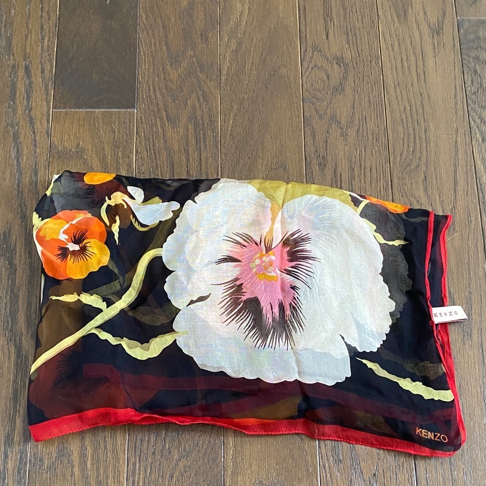 Authentic Kenzo Silk Black Scarf with Floral Design and Red Border - Picture 3 of 6